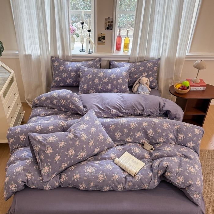 91家纺网 家纺一手货源 找家纺 鑫佳居 2026新款水洗针织提花双层纱四件套 紫夜玫瑰