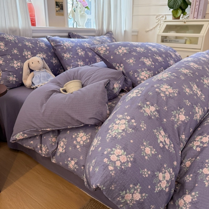 91家纺网 家纺一手货源 找家纺 鑫佳居 2026新款水洗针织提花双层纱四件套 紫夜玫瑰