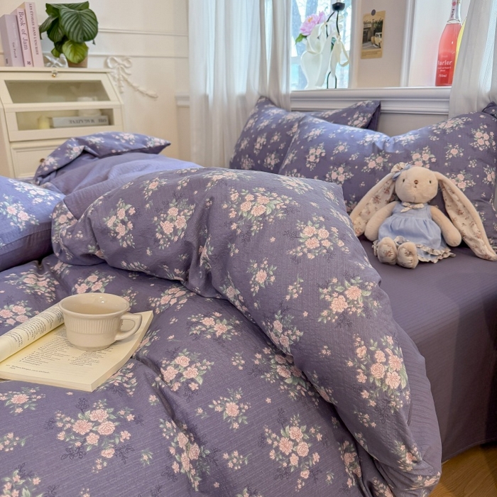 91家纺网 家纺一手货源 找家纺 鑫佳居 2026新款水洗针织提花双层纱四件套 紫夜玫瑰