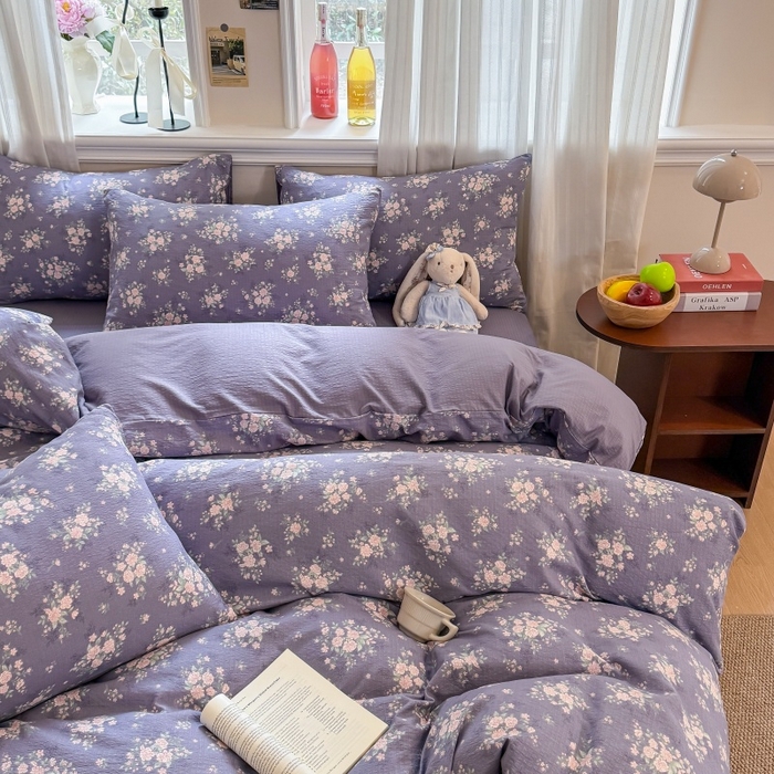 91家纺网 家纺一手货源 找家纺 鑫佳居 2026新款水洗针织提花双层纱四件套 紫夜玫瑰