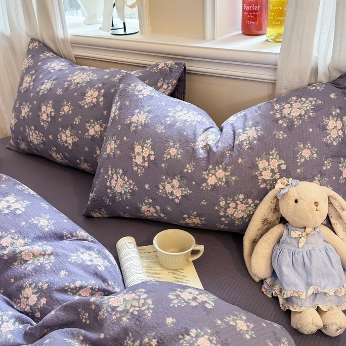 91家纺网 家纺一手货源 找家纺 鑫佳居 2026新款水洗针织提花双层纱四件套 紫夜玫瑰