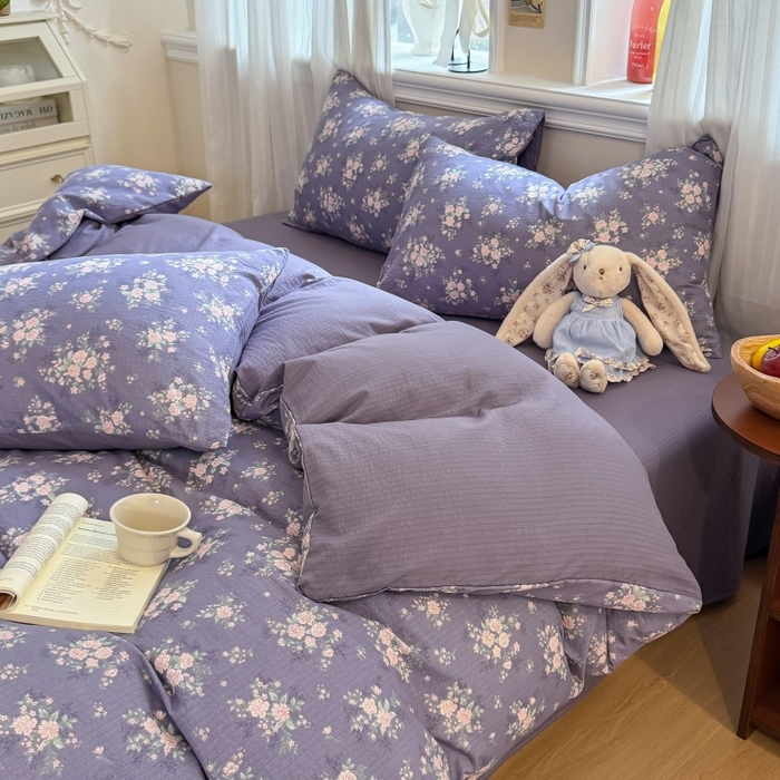 91家纺网 家纺一手货源 找家纺 鑫佳居 2026新款水洗针织提花双层纱四件套 紫夜玫瑰