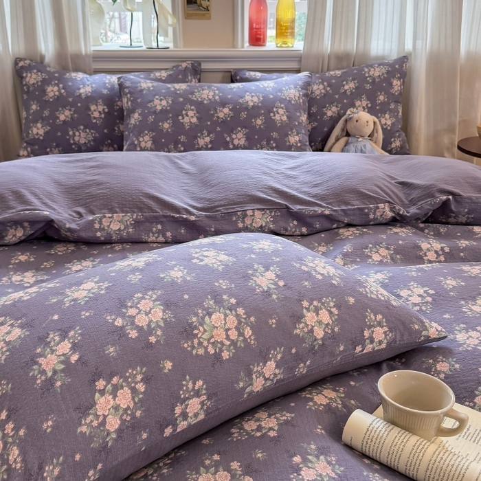 91家纺网 家纺一手货源 找家纺 鑫佳居 2026新款水洗针织提花双层纱四件套 紫夜玫瑰