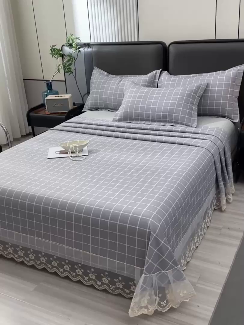 91家纺网 家纺一手货源 找家纺 星窝家纺 2026新款花边老粗布凉席三件套 浅灰雅格