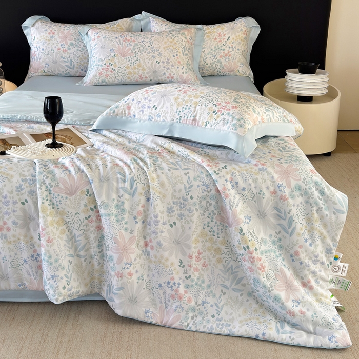 91家纺网 家纺一手货源 找家纺 玉相逢 2026春夏新款莱赛尔天丝夏被嵌绳款数码印花单夏被夏被四件套 星丛