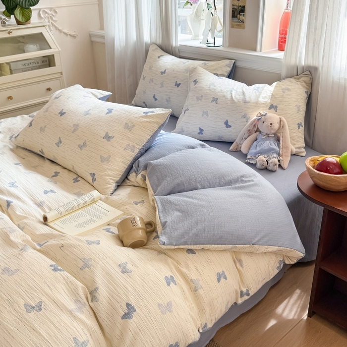 91家纺网 家纺一手货源 找家纺 鑫佳居 2026新款水洗针织提花双层纱四件套 烟雨蝶舞