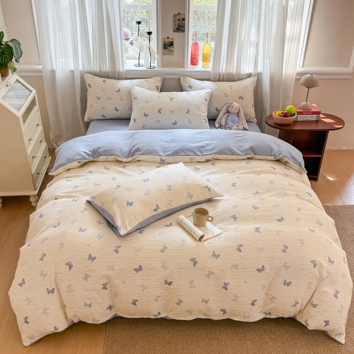 91家纺网 家纺一手货源 找家纺 鑫佳居 2026新款水洗针织提花双层纱四件套 烟雨蝶舞