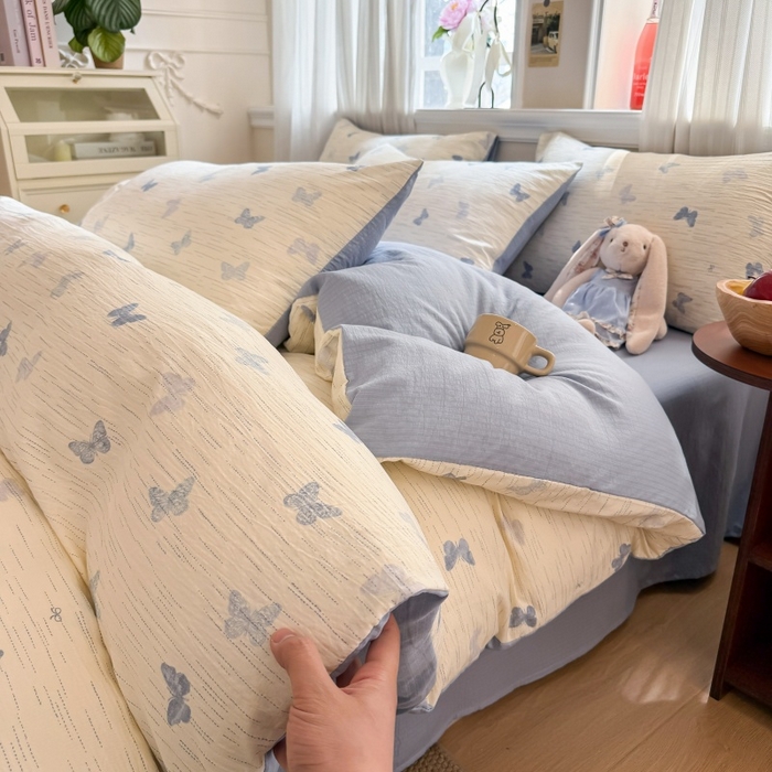 91家纺网 家纺一手货源 找家纺 鑫佳居 2026新款水洗针织提花双层纱四件套 烟雨蝶舞