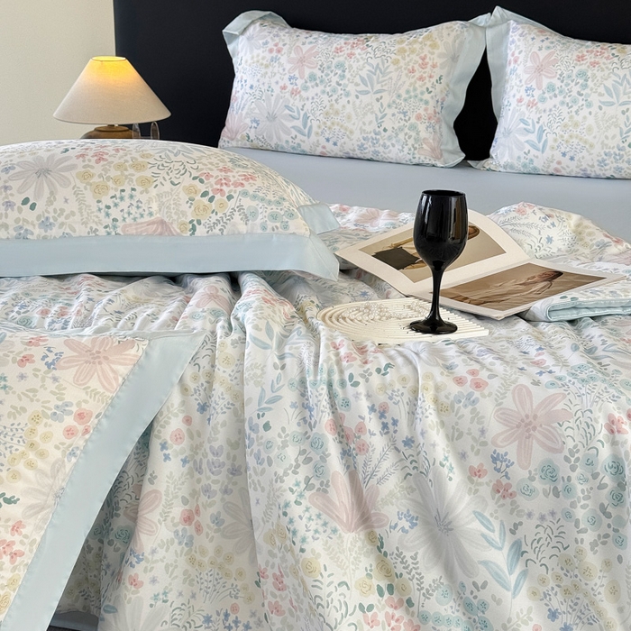 91家纺网 家纺一手货源 找家纺 玉相逢 2026春夏新款莱赛尔天丝夏被嵌绳款数码印花单夏被夏被四件套 星丛