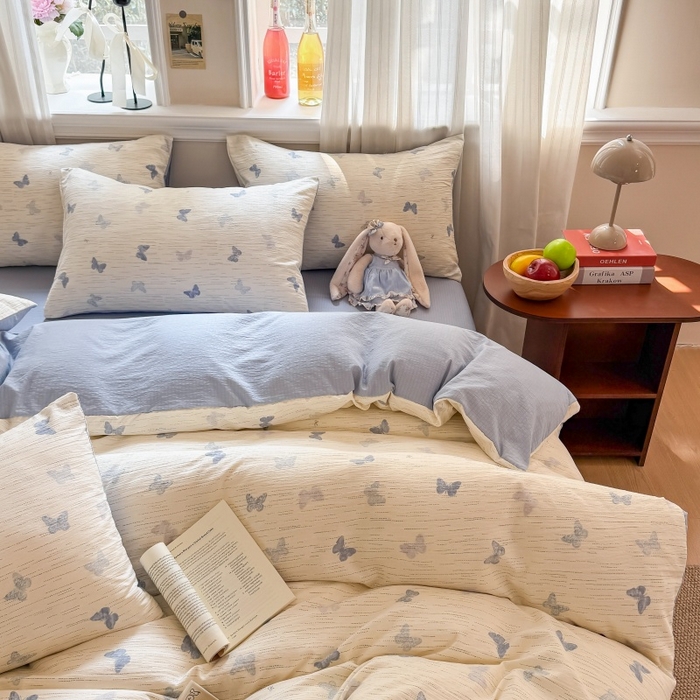 91家纺网 家纺一手货源 找家纺 鑫佳居 2026新款水洗针织提花双层纱四件套 烟雨蝶舞