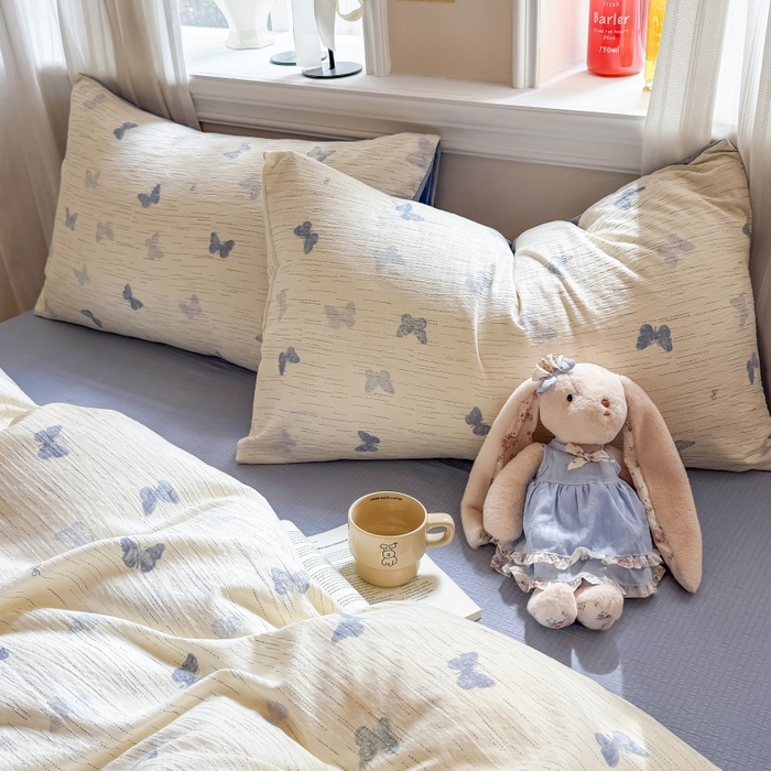 91家纺网 家纺一手货源 找家纺 鑫佳居 2026新款水洗针织提花双层纱四件套 烟雨蝶舞