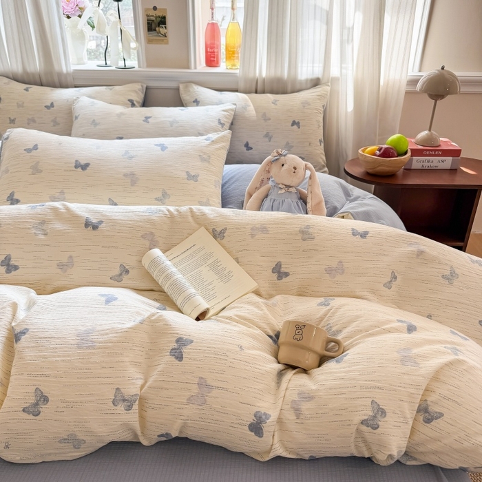 91家纺网 家纺一手货源 找家纺 鑫佳居 2026新款水洗针织提花双层纱四件套 烟雨蝶舞