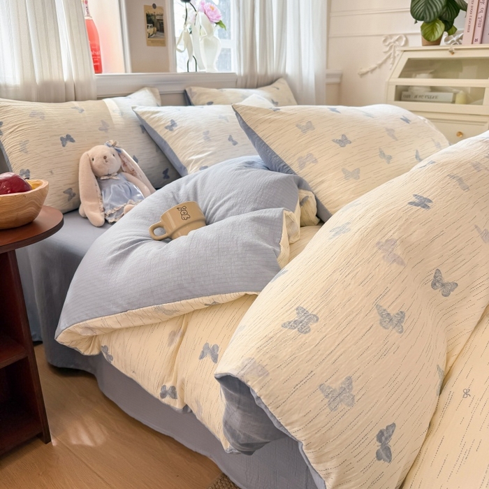 91家纺网 家纺一手货源 找家纺 鑫佳居 2026新款水洗针织提花双层纱四件套 烟雨蝶舞