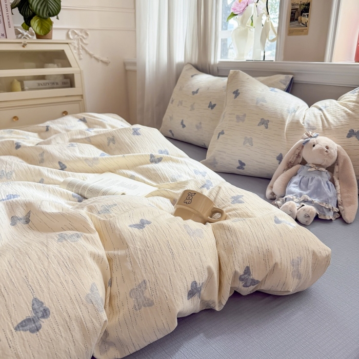 91家纺网 家纺一手货源 找家纺 鑫佳居 2026新款水洗针织提花双层纱四件套 烟雨蝶舞