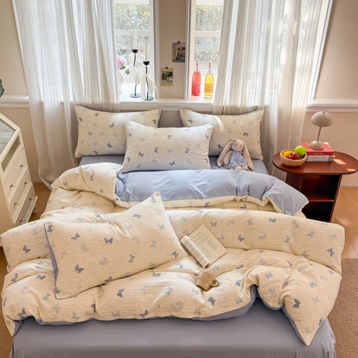 91家纺网 家纺一手货源 找家纺 鑫佳居 2026新款水洗针织提花双层纱四件套 烟雨蝶舞