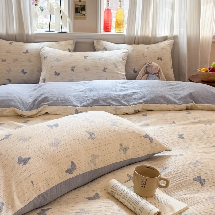 91家纺网 家纺一手货源 找家纺 鑫佳居 2026新款水洗针织提花双层纱四件套 烟雨蝶舞