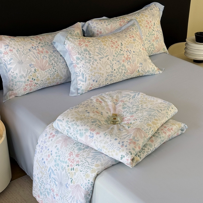 91家纺网 家纺一手货源 找家纺 玉相逢 2026春夏新款莱赛尔天丝夏被嵌绳款数码印花单夏被夏被四件套 星丛