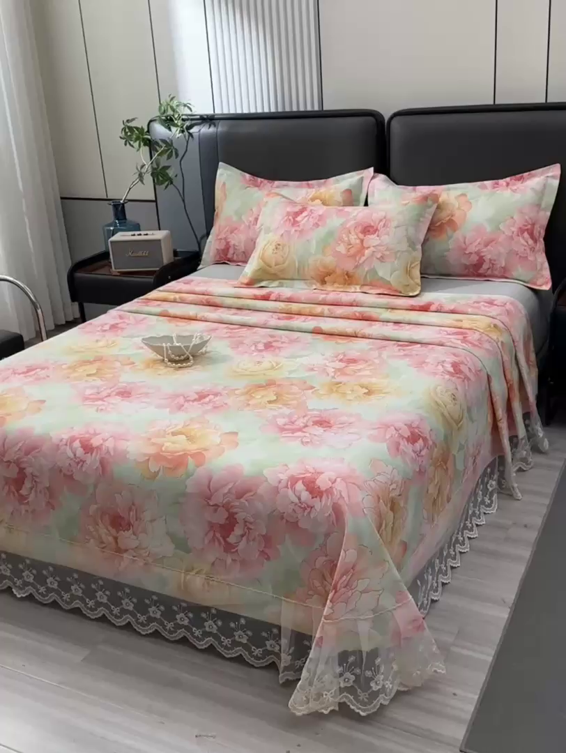 91家纺网 家纺一手货源 找家纺 星窝家纺 2026新款花边老粗布凉席三件套 花暖迎春