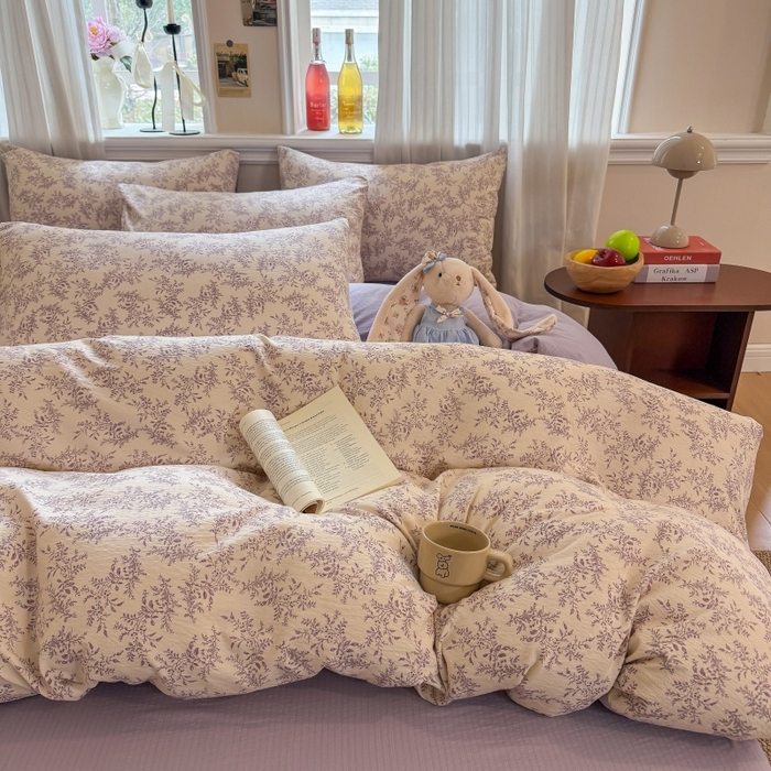 91家纺网 家纺一手货源 找家纺 鑫佳居 2026新款水洗针织提花双层纱四件套 紫藤繁花