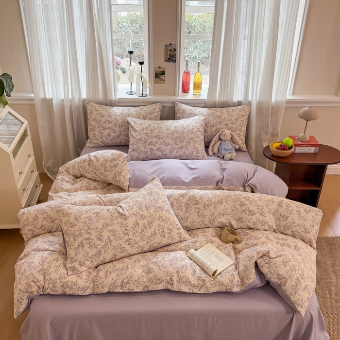 91家纺网 家纺一手货源 找家纺 鑫佳居 2026新款水洗针织提花双层纱四件套 紫藤繁花