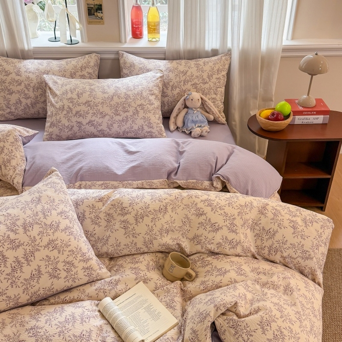 91家纺网 家纺一手货源 找家纺 鑫佳居 2026新款水洗针织提花双层纱四件套 紫藤繁花