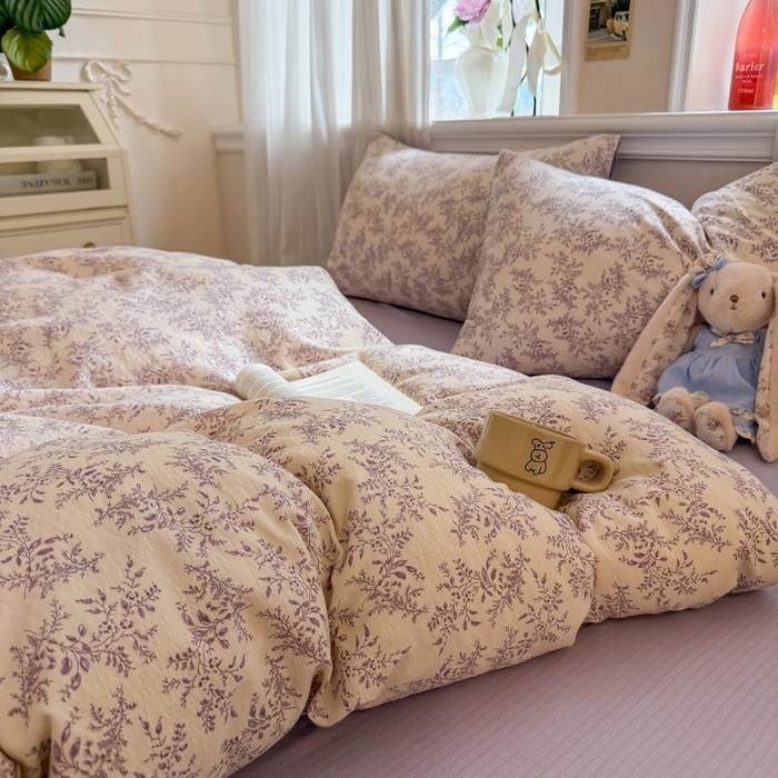 91家纺网 家纺一手货源 找家纺 鑫佳居 2026新款水洗针织提花双层纱四件套 紫藤繁花