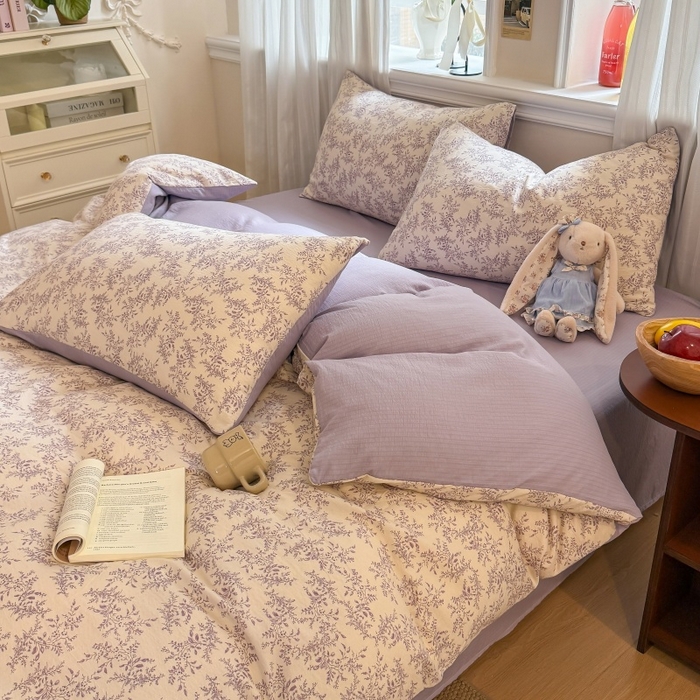 91家纺网 家纺一手货源 找家纺 鑫佳居 2026新款水洗针织提花双层纱四件套 紫藤繁花