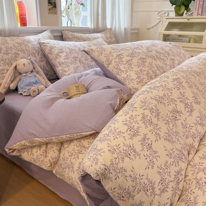 91家纺网 家纺一手货源 找家纺 鑫佳居 2026新款水洗针织提花双层纱四件套 紫藤繁花