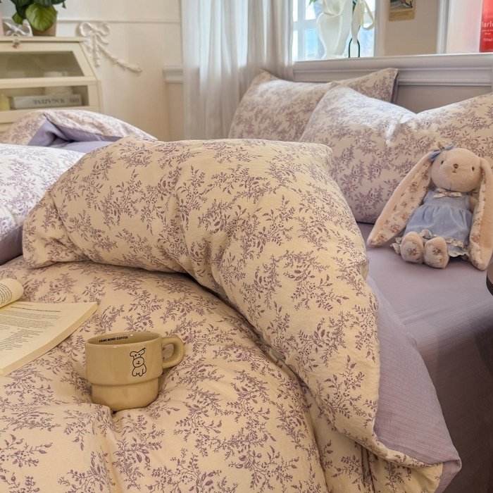 91家纺网 家纺一手货源 找家纺 鑫佳居 2026新款水洗针织提花双层纱四件套 紫藤繁花