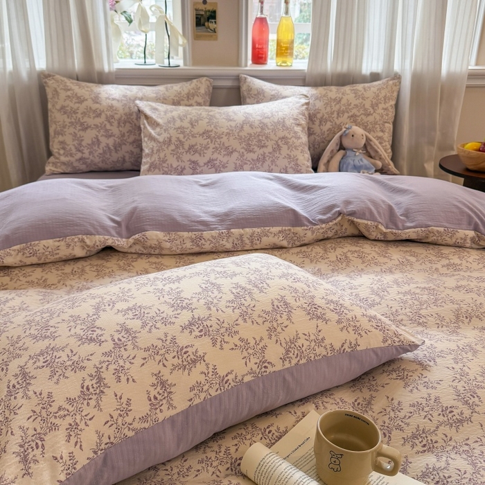 91家纺网 家纺一手货源 找家纺 鑫佳居 2026新款水洗针织提花双层纱四件套 紫藤繁花