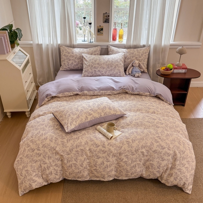 91家纺网 家纺一手货源 找家纺 鑫佳居 2026新款水洗针织提花双层纱四件套 紫藤繁花