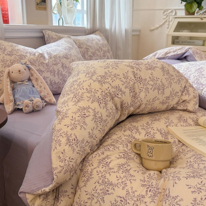 91家纺网 家纺一手货源 找家纺 鑫佳居 2026新款水洗针织提花双层纱四件套 紫藤繁花