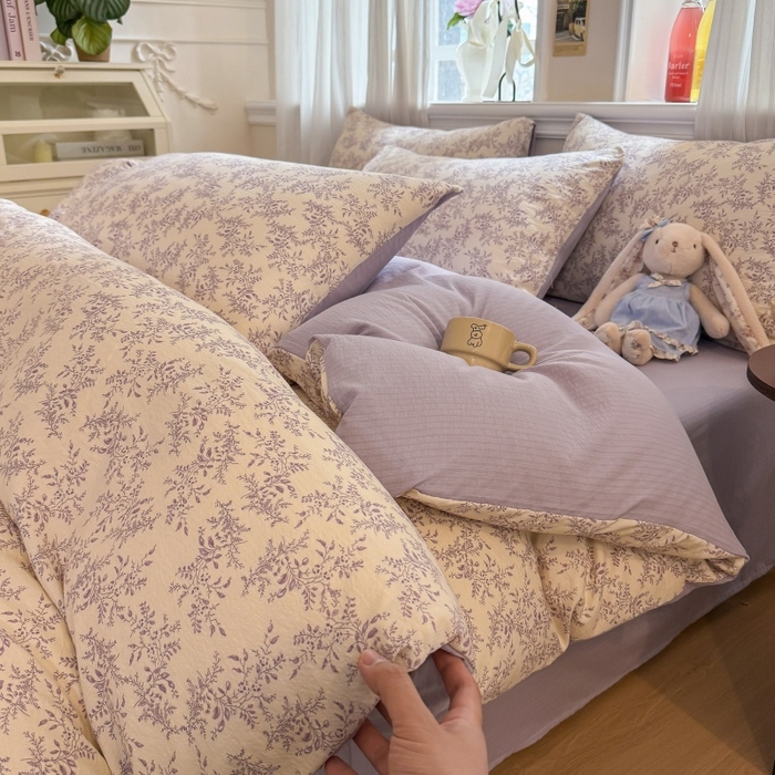 91家纺网 家纺一手货源 找家纺 鑫佳居 2026新款水洗针织提花双层纱四件套 紫藤繁花