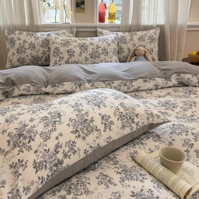 91家纺网 家纺一手货源 找家纺 鑫佳居 2026新款水洗针织提花双层纱四件套 雾影玫瑰