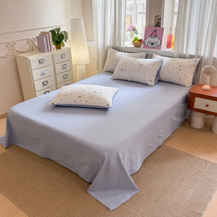 91家纺网 家纺一手货源 找家纺 鑫佳居 2026新款水洗针织提花双层纱四件套 星愿蝴蝶结