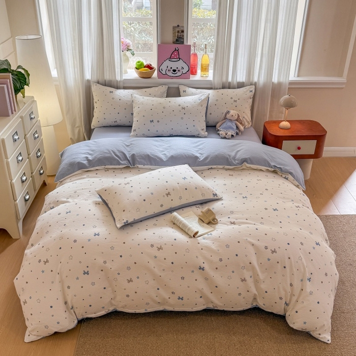 91家纺网 家纺一手货源 找家纺 鑫佳居 2026新款水洗针织提花双层纱四件套 星愿蝴蝶结