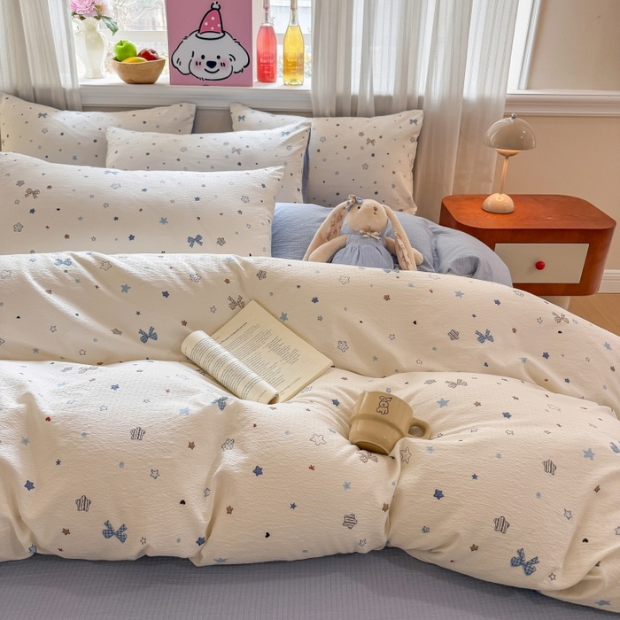 91家纺网 家纺一手货源 找家纺 鑫佳居 2026新款水洗针织提花双层纱四件套 星愿蝴蝶结