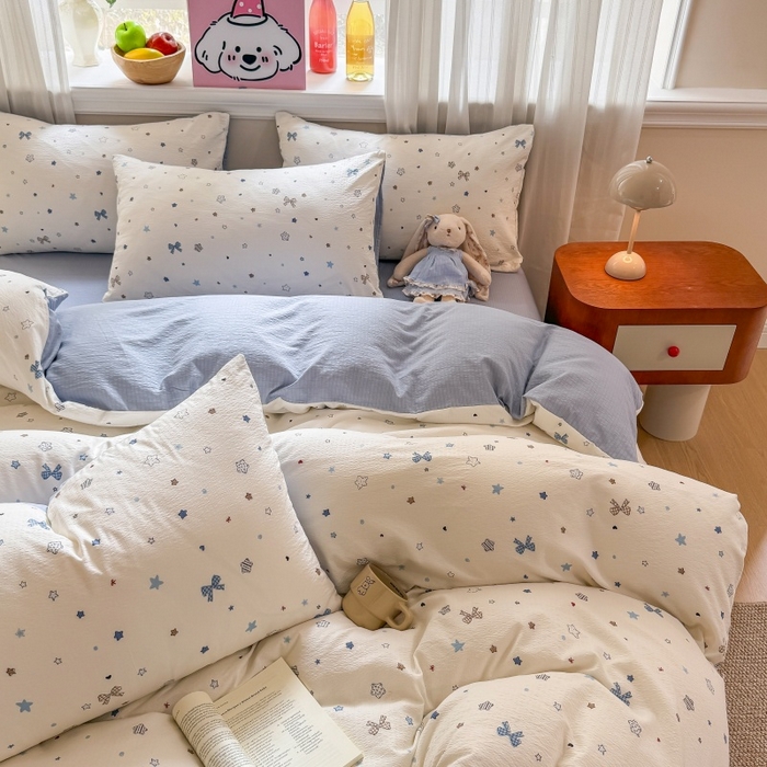 91家纺网 家纺一手货源 找家纺 鑫佳居 2026新款水洗针织提花双层纱四件套 星愿蝴蝶结