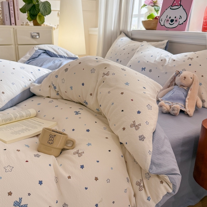 91家纺网 家纺一手货源 找家纺 鑫佳居 2026新款水洗针织提花双层纱四件套 星愿蝴蝶结