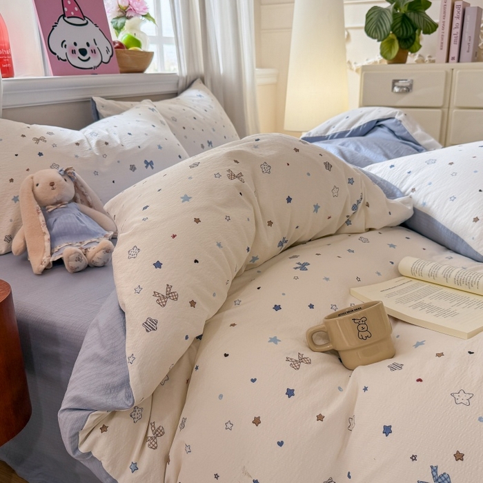 91家纺网 家纺一手货源 找家纺 鑫佳居 2026新款水洗针织提花双层纱四件套 星愿蝴蝶结