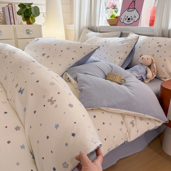 91家纺网 家纺一手货源 找家纺 鑫佳居 2026新款水洗针织提花双层纱四件套 星愿蝴蝶结