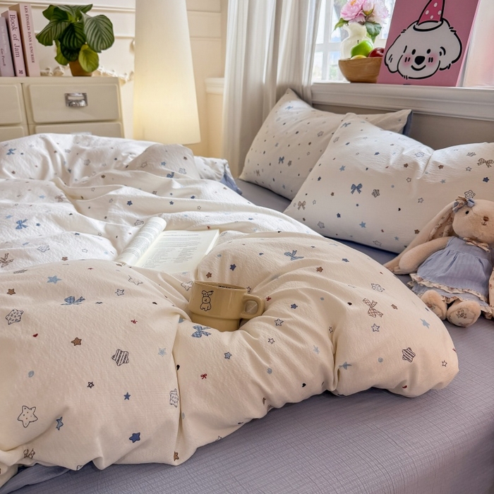 91家纺网 家纺一手货源 找家纺 鑫佳居 2026新款水洗针织提花双层纱四件套 星愿蝴蝶结