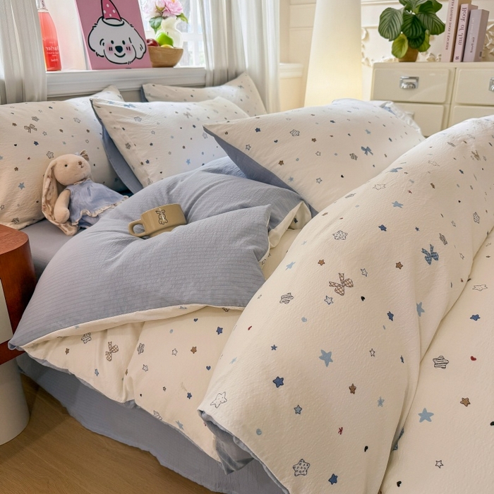 91家纺网 家纺一手货源 找家纺 鑫佳居 2026新款水洗针织提花双层纱四件套 星愿蝴蝶结