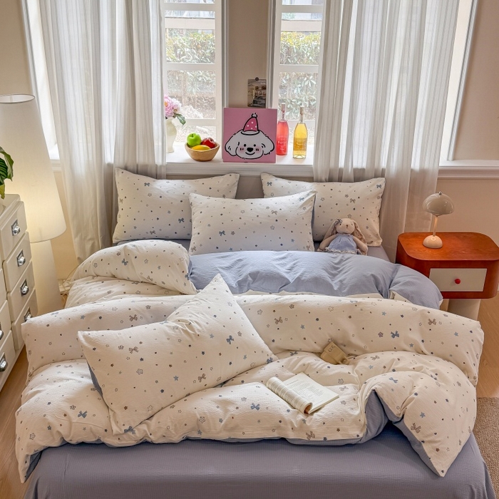 91家纺网 家纺一手货源 找家纺 鑫佳居 2026新款水洗针织提花双层纱四件套 星愿蝴蝶结