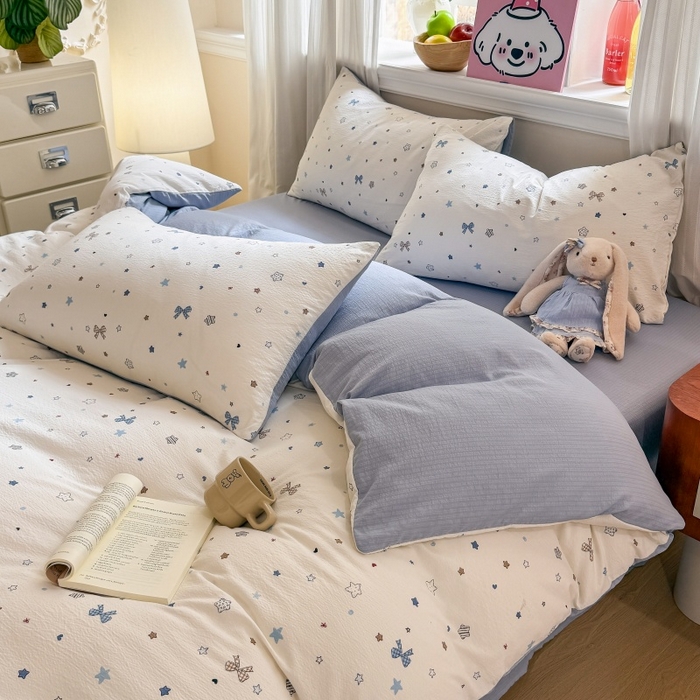 91家纺网 家纺一手货源 找家纺 鑫佳居 2026新款水洗针织提花双层纱四件套 星愿蝴蝶结