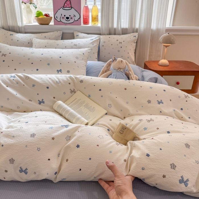 91家纺网 家纺一手货源 找家纺 鑫佳居 2026新款水洗针织提花双层纱四件套 星愿蝴蝶结