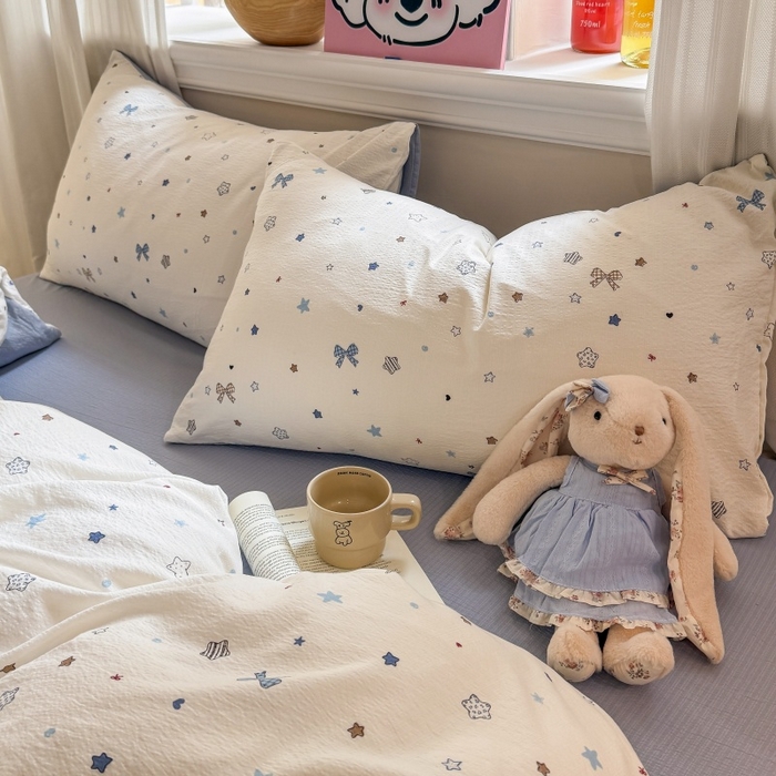 91家纺网 家纺一手货源 找家纺 鑫佳居 2026新款水洗针织提花双层纱四件套 星愿蝴蝶结