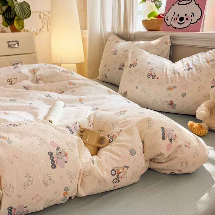 91家纺网 家纺一手货源 找家纺 鑫佳居 2026新款水洗针织提花双层纱四件套 童趣小车队