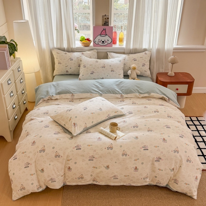 91家纺网 家纺一手货源 找家纺 鑫佳居 2026新款水洗针织提花双层纱四件套 童趣小车队