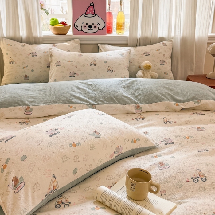 91家纺网 家纺一手货源 找家纺 鑫佳居 2026新款水洗针织提花双层纱四件套 童趣小车队